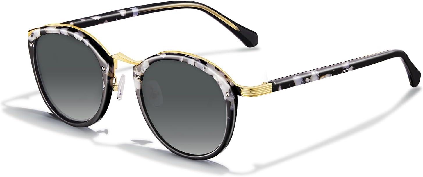 imageCARFIA Acetate Metal Bridge Sunglasses for Women Polarized UV Protection Retro Fashion Ladies Sunnies Round Shades Eyewears1 White Tortoise Frame Gradient Grey Lens