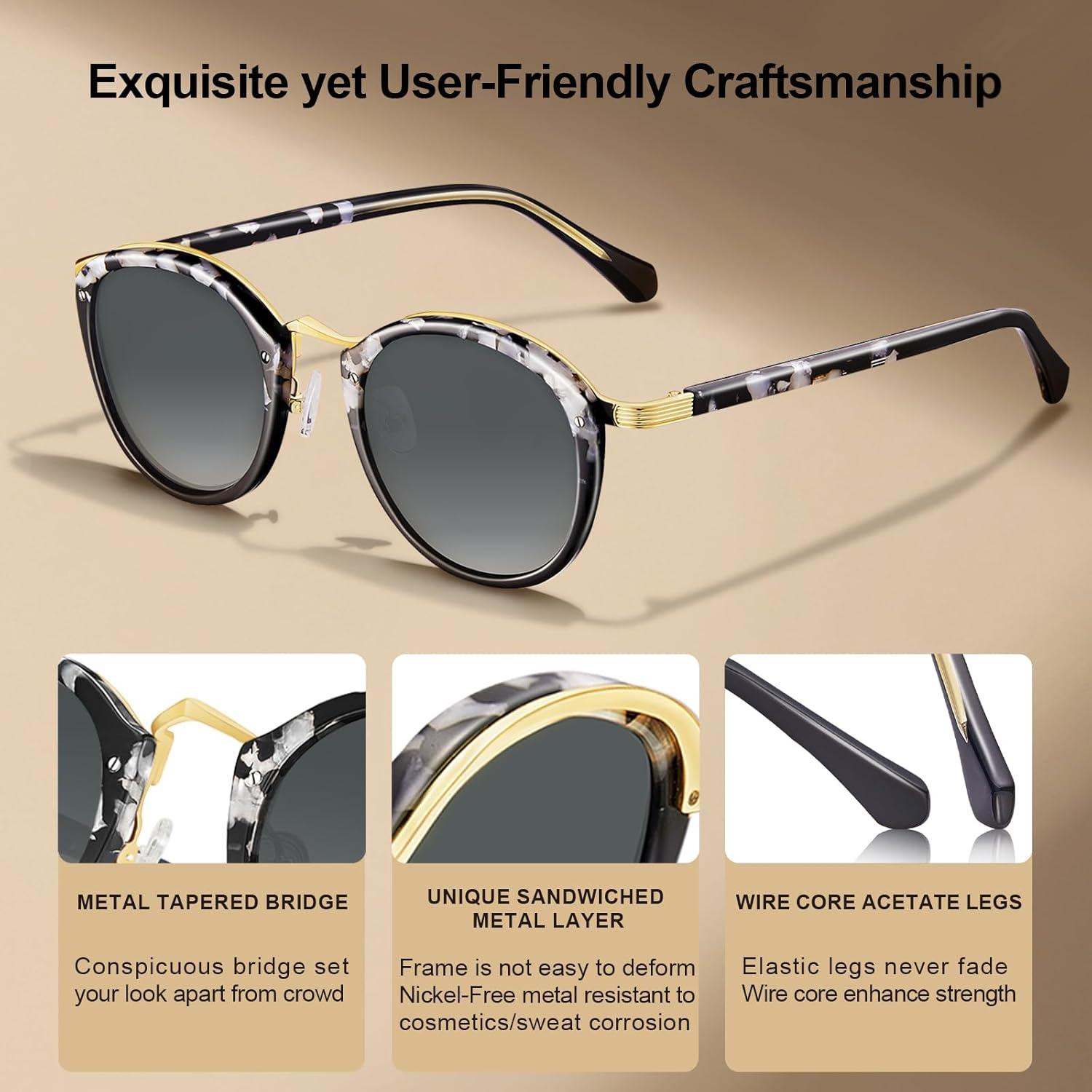 imageCARFIA Acetate Metal Bridge Sunglasses for Women Polarized UV Protection Retro Fashion Ladies Sunnies Round Shades Eyewears1 White Tortoise Frame Gradient Grey Lens