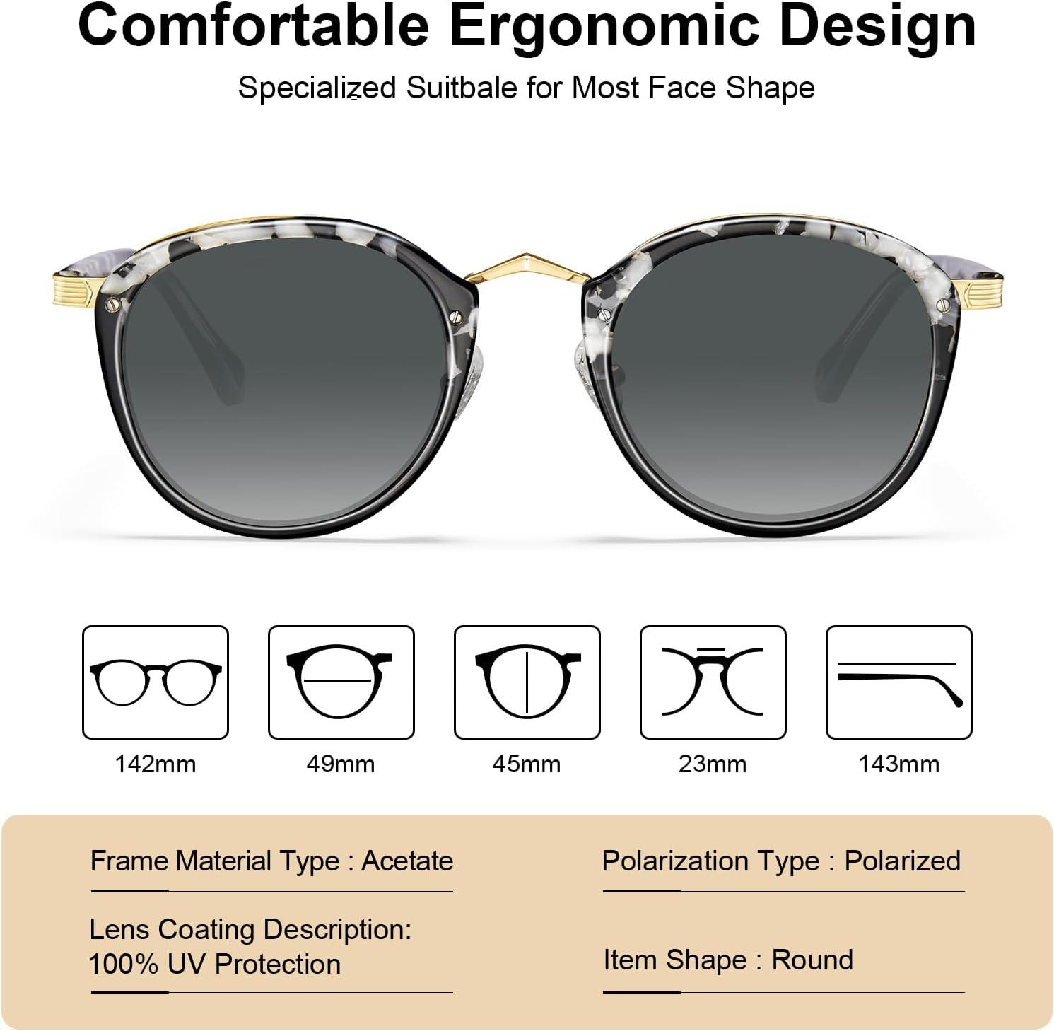 imageCARFIA Acetate Metal Bridge Sunglasses for Women Polarized UV Protection Retro Fashion Ladies Sunnies Round Shades Eyewears1 White Tortoise Frame Gradient Grey Lens