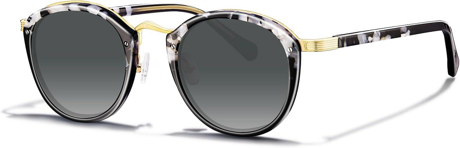 imageCARFIA Acetate Metal Bridge Sunglasses for Women Polarized UV Protection Retro Fashion Ladies Sunnies Round Shades Eyewears1 White Tortoise Frame Gradient Grey Lens