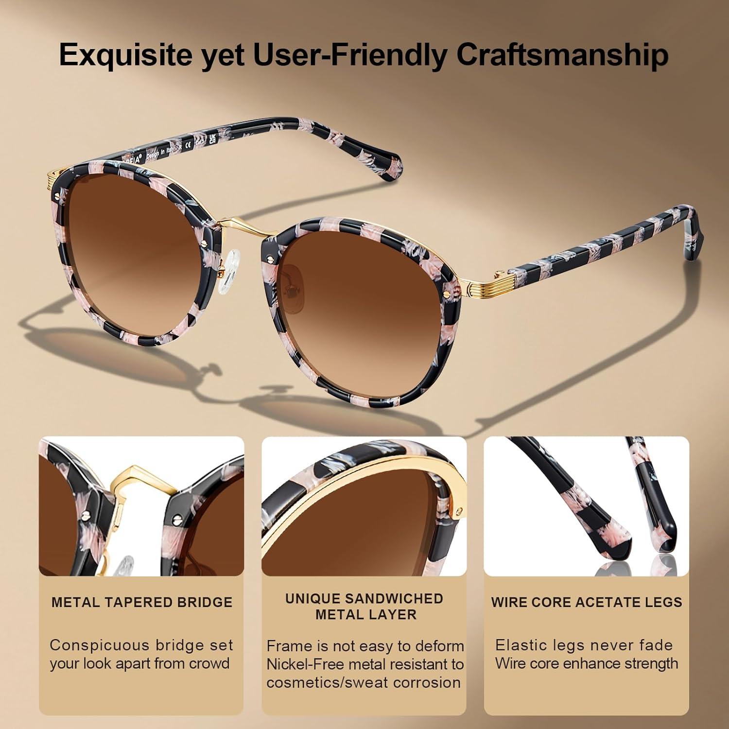 imageCARFIA Acetate Metal Bridge Sunglasses for Women Polarized UV Protection Retro Fashion Ladies Sunnies Round Shades Eyewears2 Pink Black Checkers Frame Gradient Brown Lens