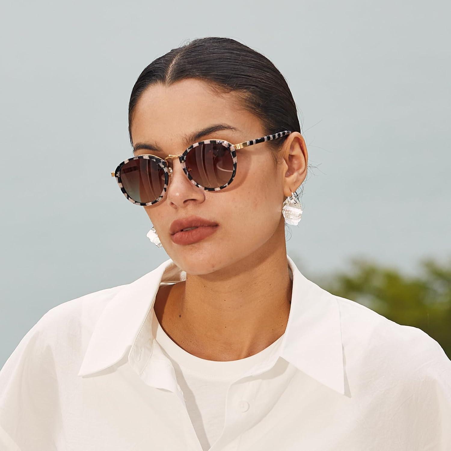 imageCARFIA Acetate Metal Bridge Sunglasses for Women Polarized UV Protection Retro Fashion Ladies Sunnies Round Shades Eyewears2 Pink Black Checkers Frame Gradient Brown Lens