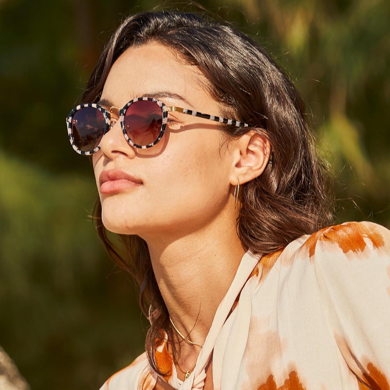 imageCARFIA Acetate Metal Bridge Sunglasses for Women Polarized UV Protection Retro Fashion Ladies Sunnies Round Shades Eyewears2 Pink Black Checkers Frame Gradient Brown Lens