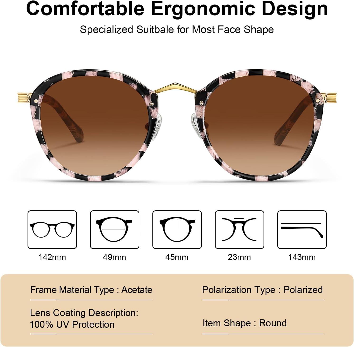 imageCARFIA Acetate Metal Bridge Sunglasses for Women Polarized UV Protection Retro Fashion Ladies Sunnies Round Shades Eyewears2 Pink Black Checkers Frame Gradient Brown Lens