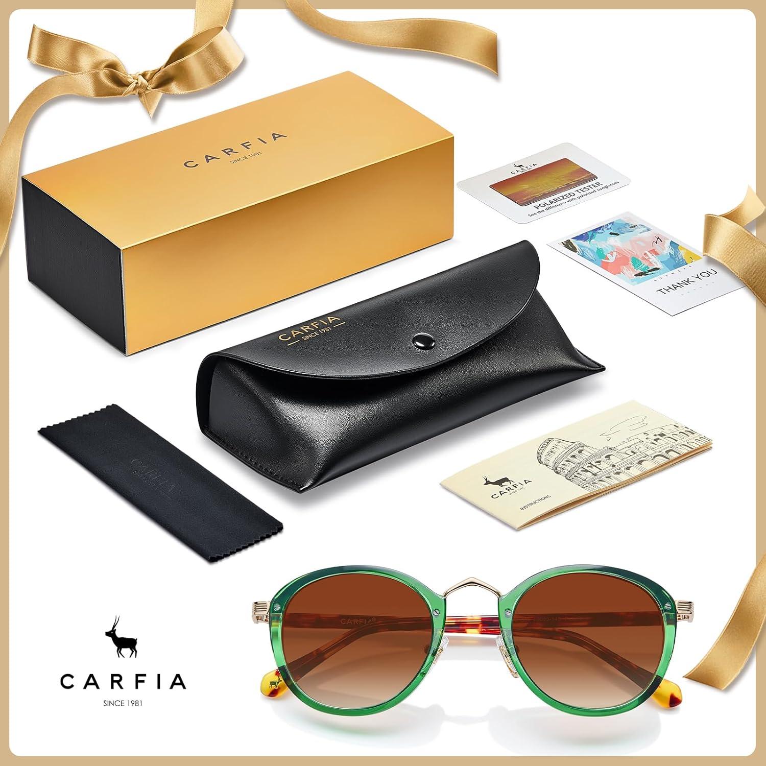 imageCARFIA Acetate Metal Bridge Sunglasses for Women Polarized UV Protection Retro Fashion Ladies Sunnies Round Shades Eyewears3 Translucent Green Frame Gradient Brown Lens