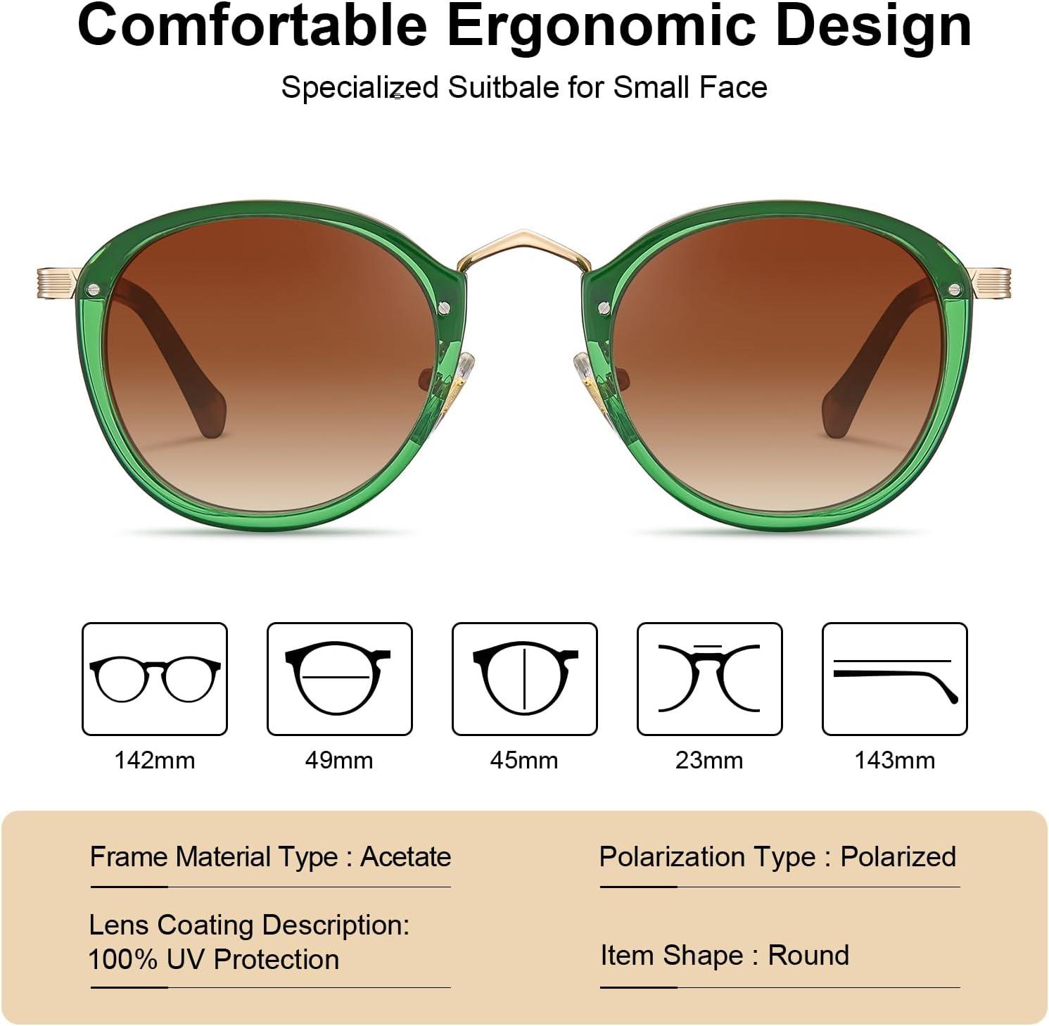 imageCARFIA Acetate Metal Bridge Sunglasses for Women Polarized UV Protection Retro Fashion Ladies Sunnies Round Shades Eyewears3 Translucent Green Frame Gradient Brown Lens