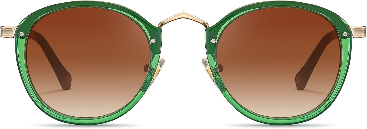 imageCARFIA Acetate Metal Bridge Sunglasses for Women Polarized UV Protection Retro Fashion Ladies Sunnies Round Shades Eyewears3 Translucent Green Frame Gradient Brown Lens