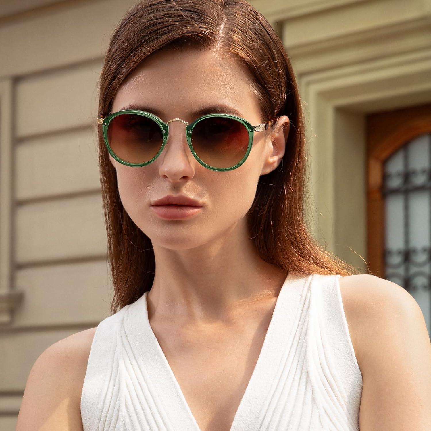 imageCARFIA Acetate Metal Bridge Sunglasses for Women Polarized UV Protection Retro Fashion Ladies Sunnies Round Shades Eyewears3 Translucent Green Frame Gradient Brown Lens
