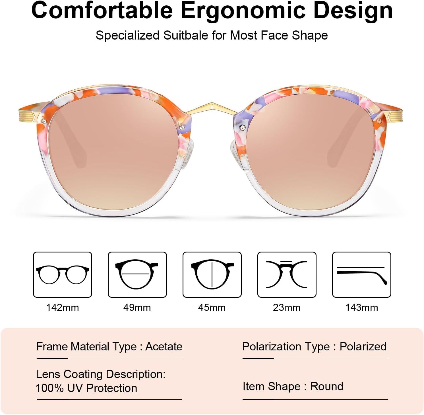 imageCARFIA Acetate Metal Bridge Sunglasses for Women Polarized UV Protection Retro Fashion Ladies Sunnies Round Shades Eyewears4 Pink White Tortoise Frame Pink Mirror