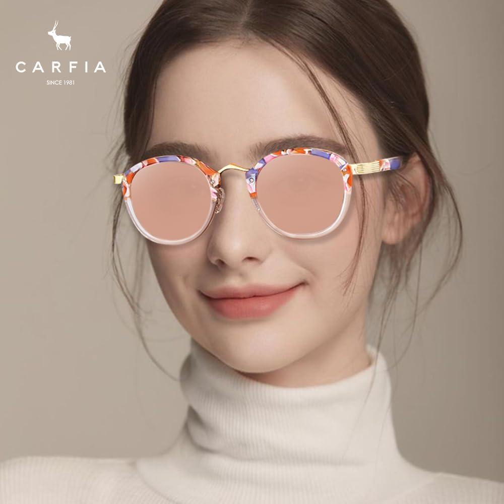 imageCARFIA Acetate Metal Bridge Sunglasses for Women Polarized UV Protection Retro Fashion Ladies Sunnies Round Shades Eyewears4 Pink White Tortoise Frame Pink Mirror