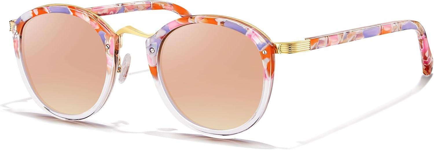 imageCARFIA Acetate Metal Bridge Sunglasses for Women Polarized UV Protection Retro Fashion Ladies Sunnies Round Shades Eyewears4 Pink White Tortoise Frame Pink Mirror