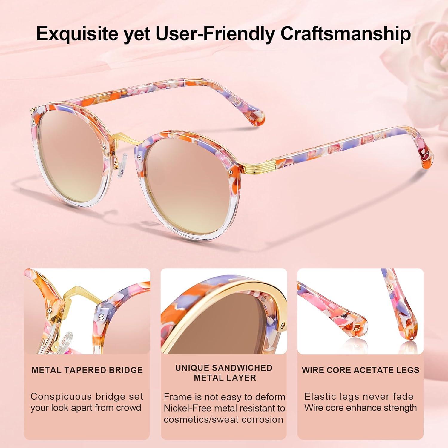 imageCARFIA Acetate Metal Bridge Sunglasses for Women Polarized UV Protection Retro Fashion Ladies Sunnies Round Shades Eyewears4 Pink White Tortoise Frame Pink Mirror