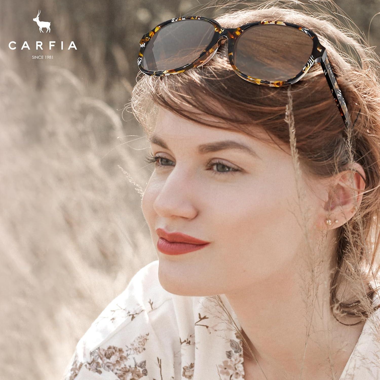 imageCARFIA Large Curved Acetate Polarized Sunglasses for Women UV Protection Retro Fashion Ladies Shades Driving Safety Eyewear1 Brown Tortoise Frame Gradient Brown Lens