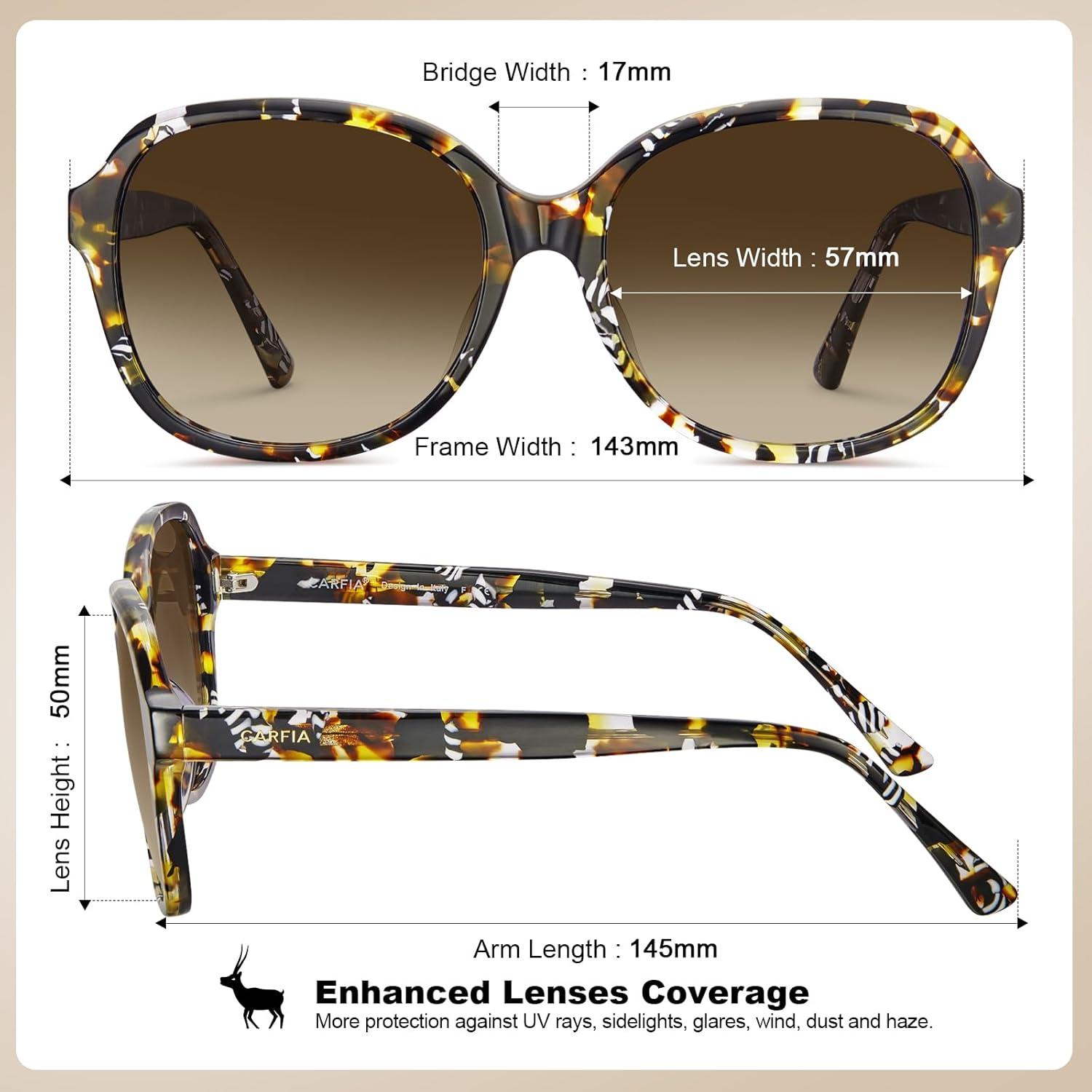 imageCARFIA Large Curved Acetate Polarized Sunglasses for Women UV Protection Retro Fashion Ladies Shades Driving Safety Eyewear1 Brown Tortoise Frame Gradient Brown Lens