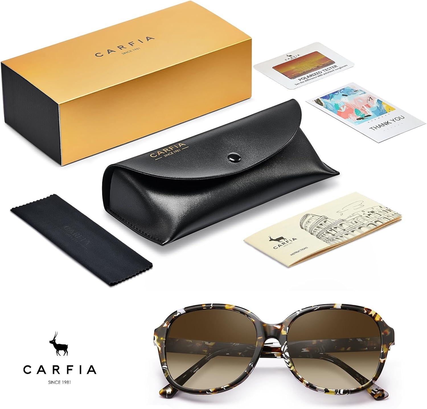 imageCARFIA Large Curved Acetate Polarized Sunglasses for Women UV Protection Retro Fashion Ladies Shades Driving Safety Eyewear1 Brown Tortoise Frame Gradient Brown Lens