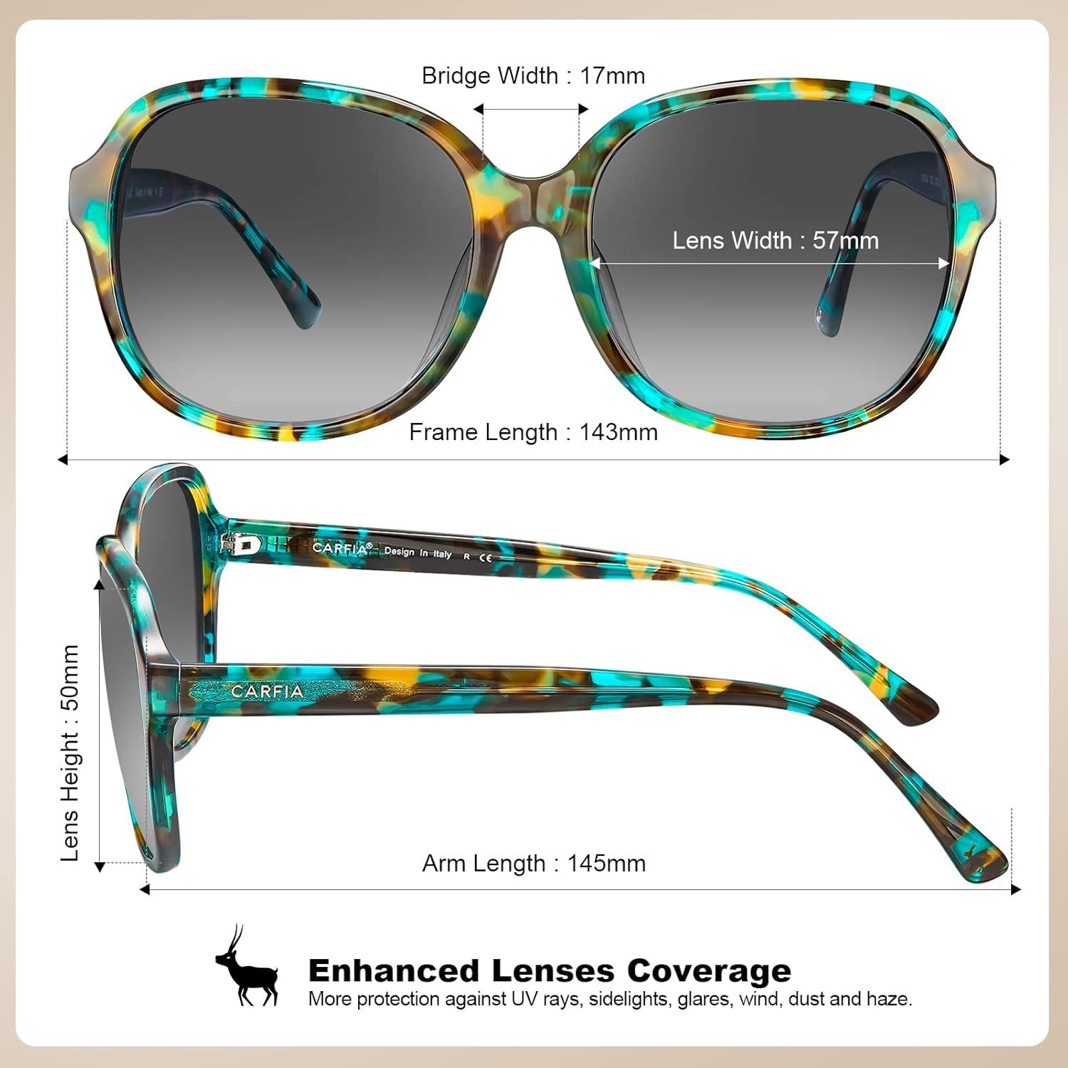 imageCARFIA Large Curved Acetate Polarized Sunglasses for Women UV Protection Retro Fashion Ladies Shades Driving Safety Eyewear2 Turquoise Frame Gradient Grey Lens