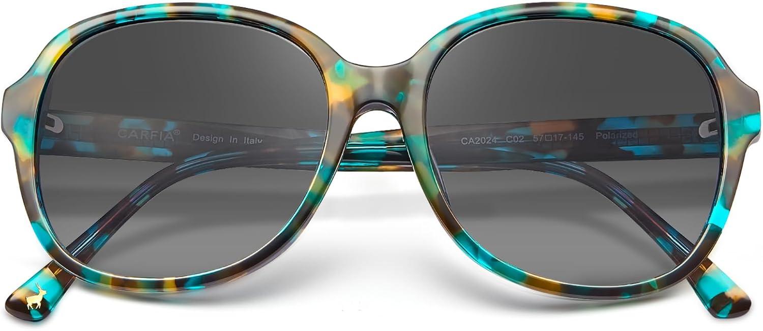 imageCARFIA Large Curved Acetate Polarized Sunglasses for Women UV Protection Retro Fashion Ladies Shades Driving Safety Eyewear2 Turquoise Frame Gradient Grey Lens