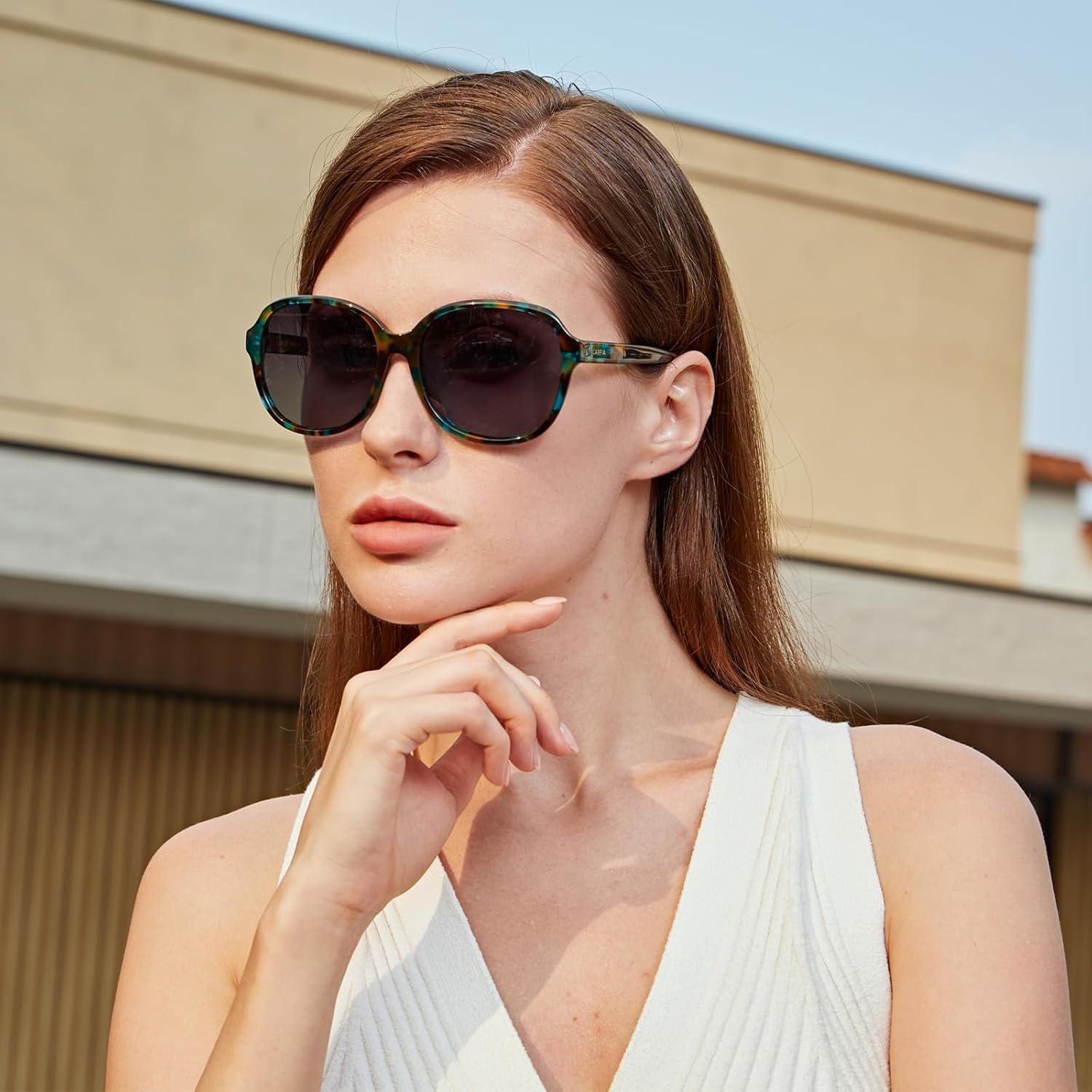 imageCARFIA Large Curved Acetate Polarized Sunglasses for Women UV Protection Retro Fashion Ladies Shades Driving Safety Eyewear2 Turquoise Frame Gradient Grey Lens