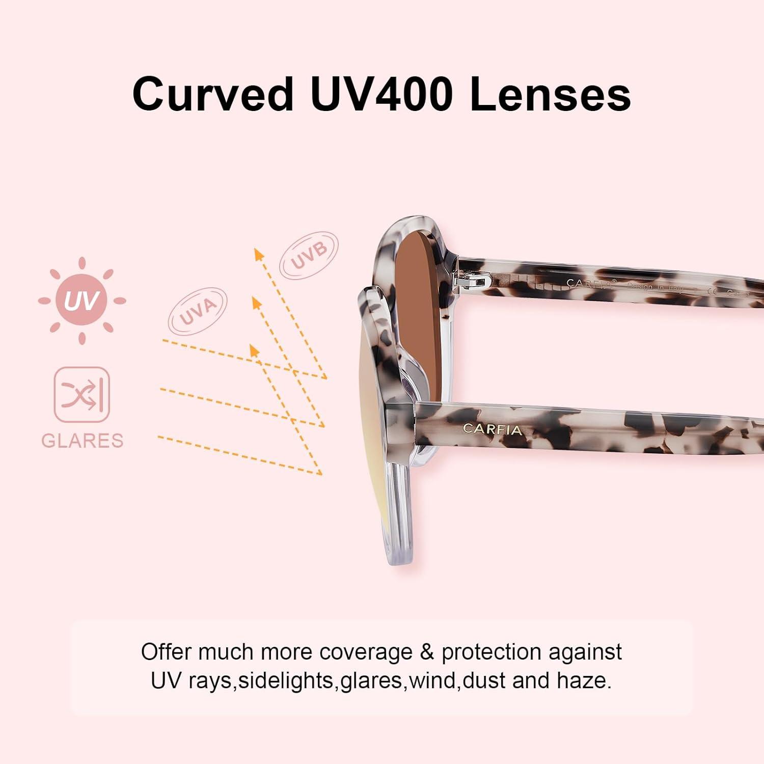 imageCARFIA Large Curved Acetate Polarized Sunglasses for Women UV Protection Retro Fashion Ladies Shades Driving Safety Eyewear3 Pink White Tortoise Frame Pink Mirrored