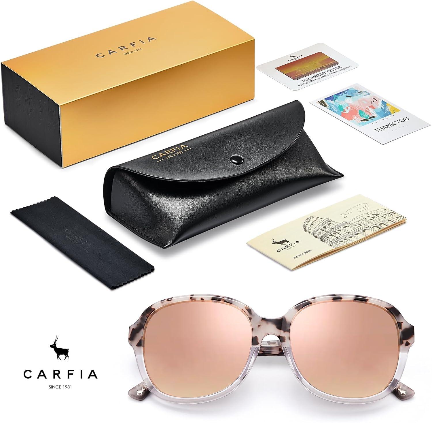 imageCARFIA Large Curved Acetate Polarized Sunglasses for Women UV Protection Retro Fashion Ladies Shades Driving Safety Eyewear3 Pink White Tortoise Frame Pink Mirrored