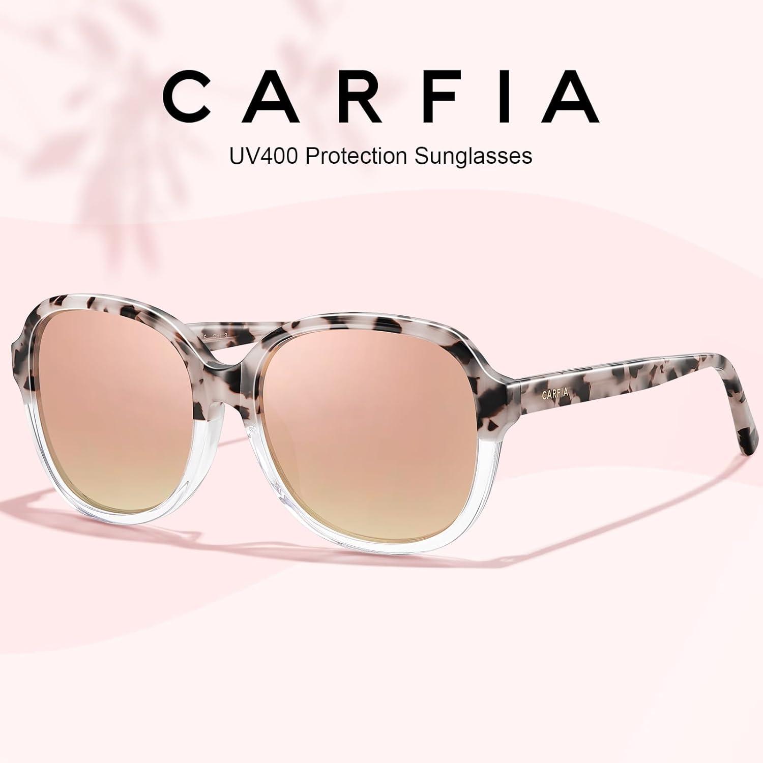 imageCARFIA Large Curved Acetate Polarized Sunglasses for Women UV Protection Retro Fashion Ladies Shades Driving Safety Eyewear3 Pink White Tortoise Frame Pink Mirrored