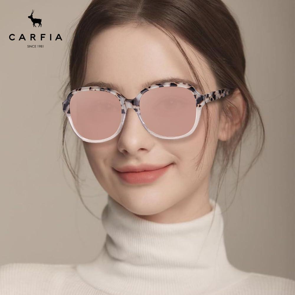imageCARFIA Large Curved Acetate Polarized Sunglasses for Women UV Protection Retro Fashion Ladies Shades Driving Safety Eyewear3 Pink White Tortoise Frame Pink Mirrored