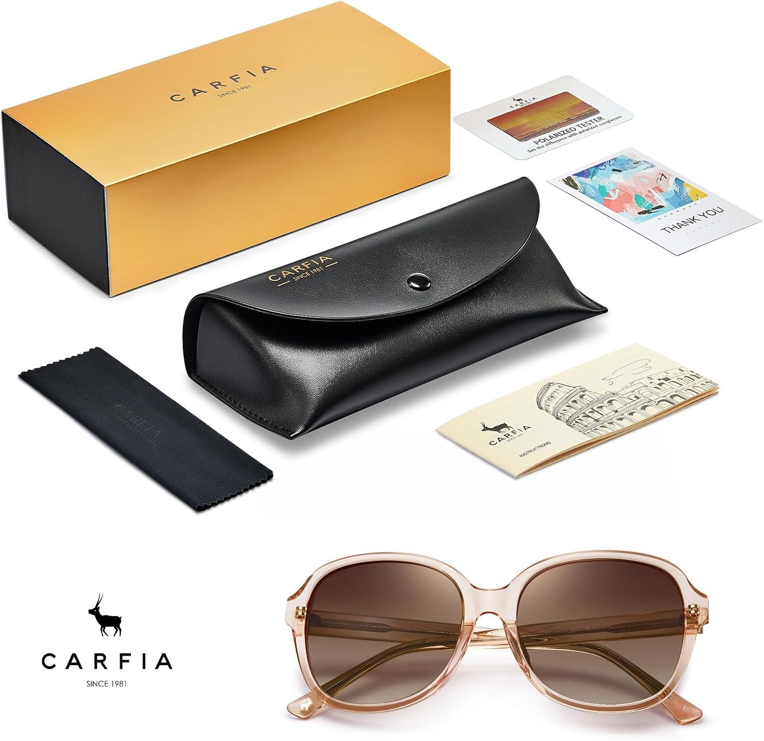 imageCARFIA Large Curved Acetate Polarized Sunglasses for Women UV Protection Retro Fashion Ladies Shades Driving Safety Eyewear4 Light Pink Frame Gradient Brown Lens