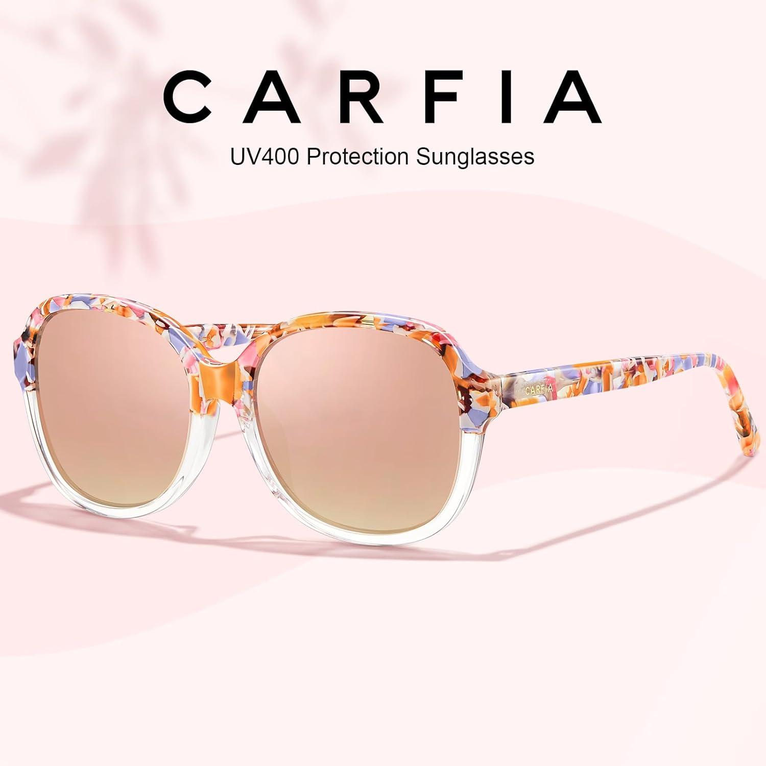 imageCARFIA Large Curved Acetate Polarized Sunglasses for Women UV Protection Retro Fashion Ladies Shades Driving Safety Eyewear5 Pink White Tortoise Frame Pink Mirrored2