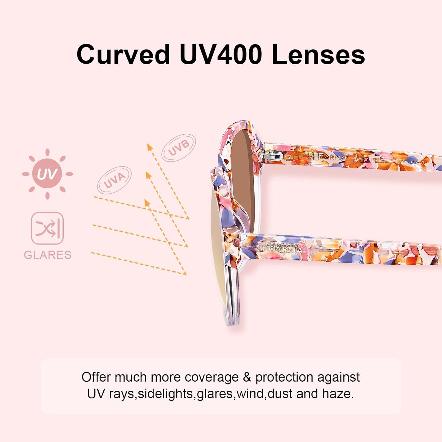 imageCARFIA Large Curved Acetate Polarized Sunglasses for Women UV Protection Retro Fashion Ladies Shades Driving Safety Eyewear5 Pink White Tortoise Frame Pink Mirrored2