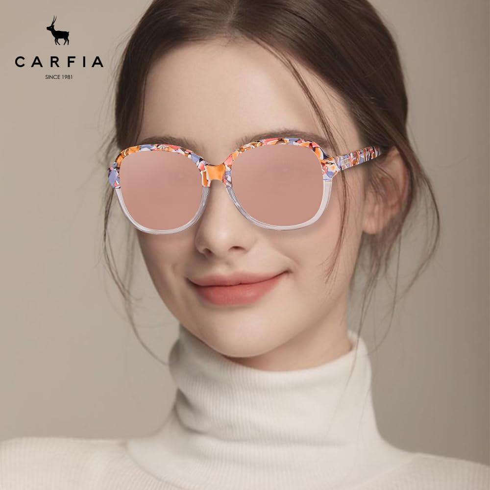 imageCARFIA Large Curved Acetate Polarized Sunglasses for Women UV Protection Retro Fashion Ladies Shades Driving Safety Eyewear5 Pink White Tortoise Frame Pink Mirrored2