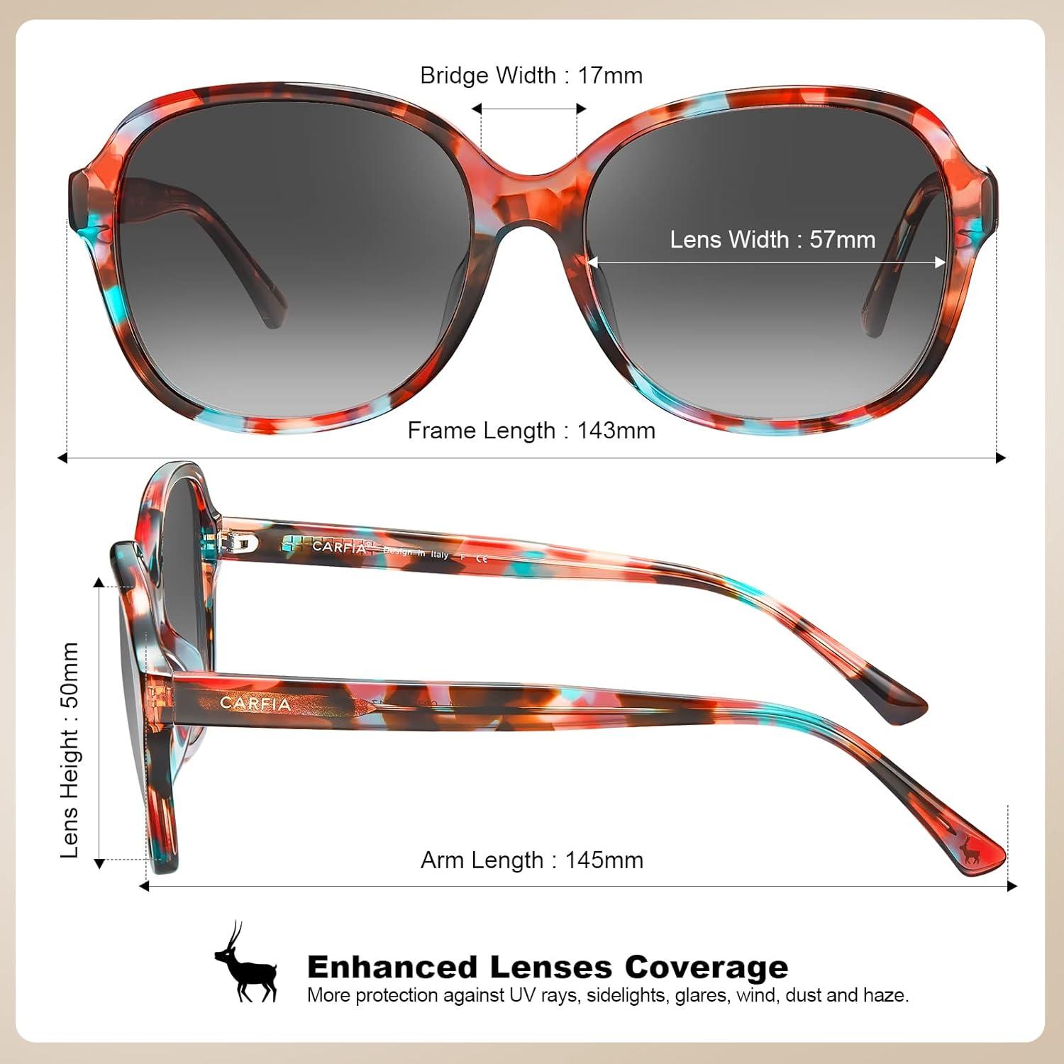 imageCARFIA Large Curved Acetate Polarized Sunglasses for Women UV Protection Retro Fashion Ladies Shades Driving Safety Eyewear62 Tortoise Frame Gradient Grey Lens