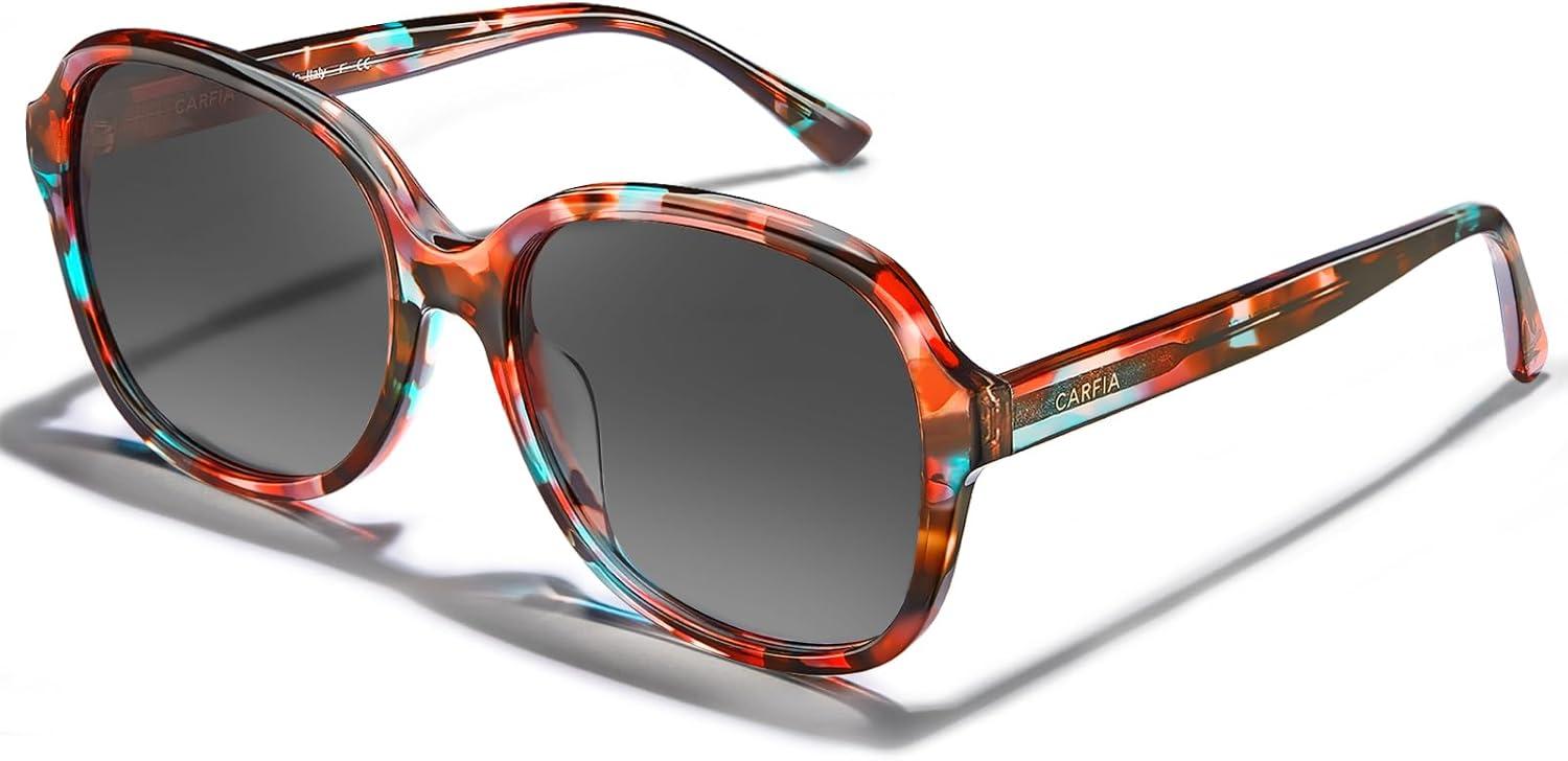 imageCARFIA Large Curved Acetate Polarized Sunglasses for Women UV Protection Retro Fashion Ladies Shades Driving Safety Eyewear62 Tortoise Frame Gradient Grey Lens