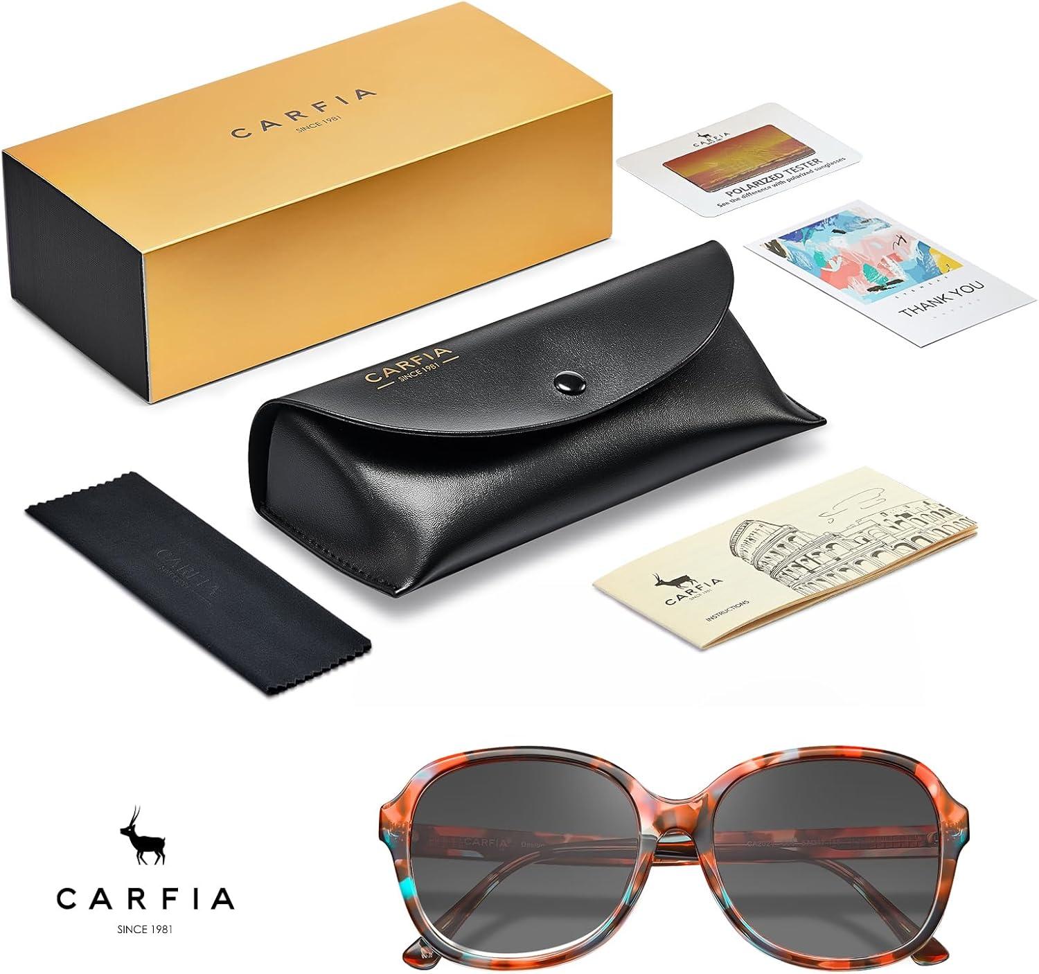 imageCARFIA Large Curved Acetate Polarized Sunglasses for Women UV Protection Retro Fashion Ladies Shades Driving Safety Eyewear62 Tortoise Frame Gradient Grey Lens