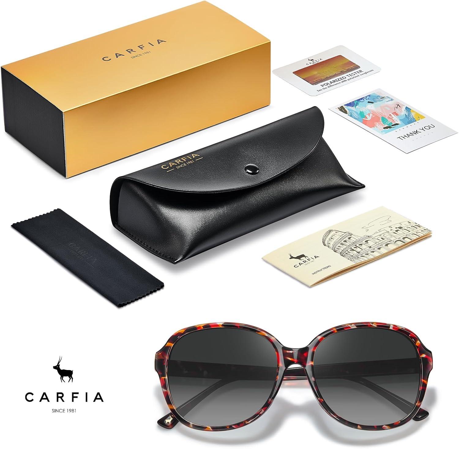 imageCARFIA Large Curved Acetate Polarized Sunglasses for Women UV Protection Retro Fashion Ladies Shades Driving Safety Eyewear63 Tortoise Frame Gradient Grey Lens