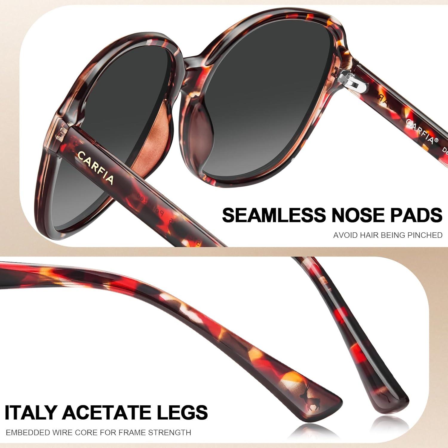 imageCARFIA Large Curved Acetate Polarized Sunglasses for Women UV Protection Retro Fashion Ladies Shades Driving Safety Eyewear63 Tortoise Frame Gradient Grey Lens