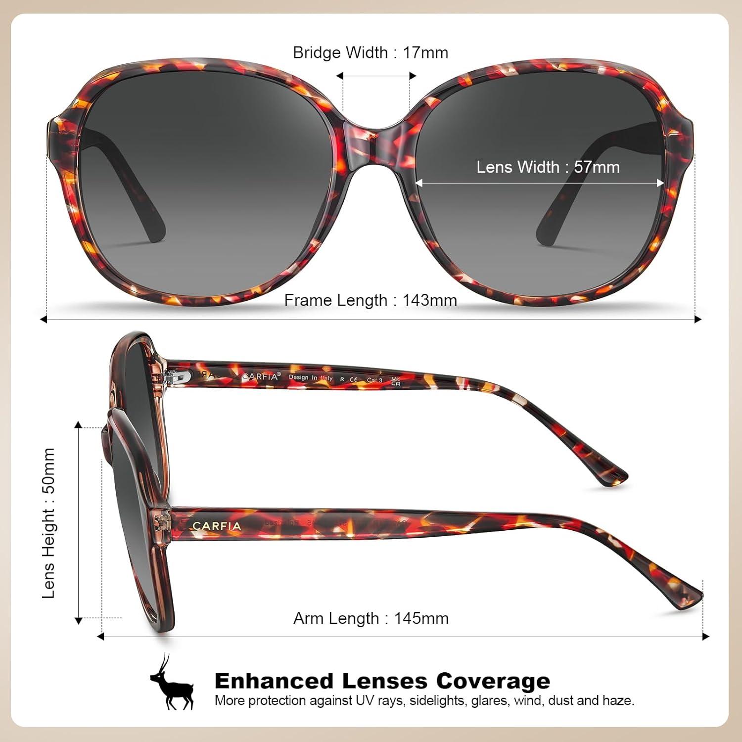 imageCARFIA Large Curved Acetate Polarized Sunglasses for Women UV Protection Retro Fashion Ladies Shades Driving Safety Eyewear63 Tortoise Frame Gradient Grey Lens