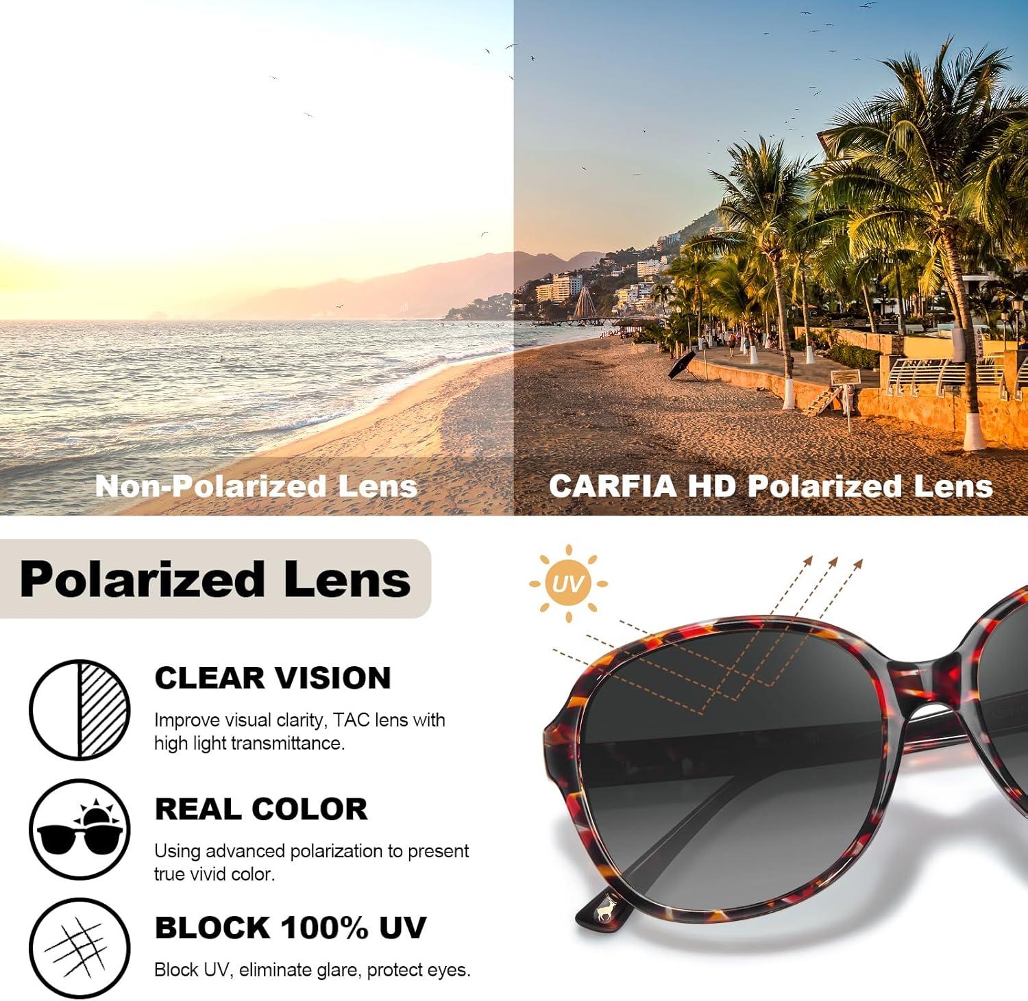 imageCARFIA Large Curved Acetate Polarized Sunglasses for Women UV Protection Retro Fashion Ladies Shades Driving Safety Eyewear63 Tortoise Frame Gradient Grey Lens