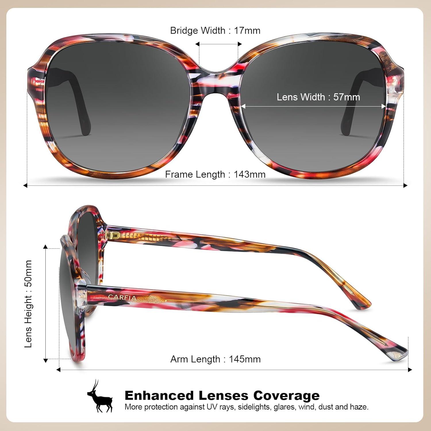 imageCARFIA Large Curved Acetate Polarized Sunglasses for Women UV Protection Retro Fashion Ladies Shades Driving Safety Eyewear7 Tortoise Frame Gradient Grey Lens