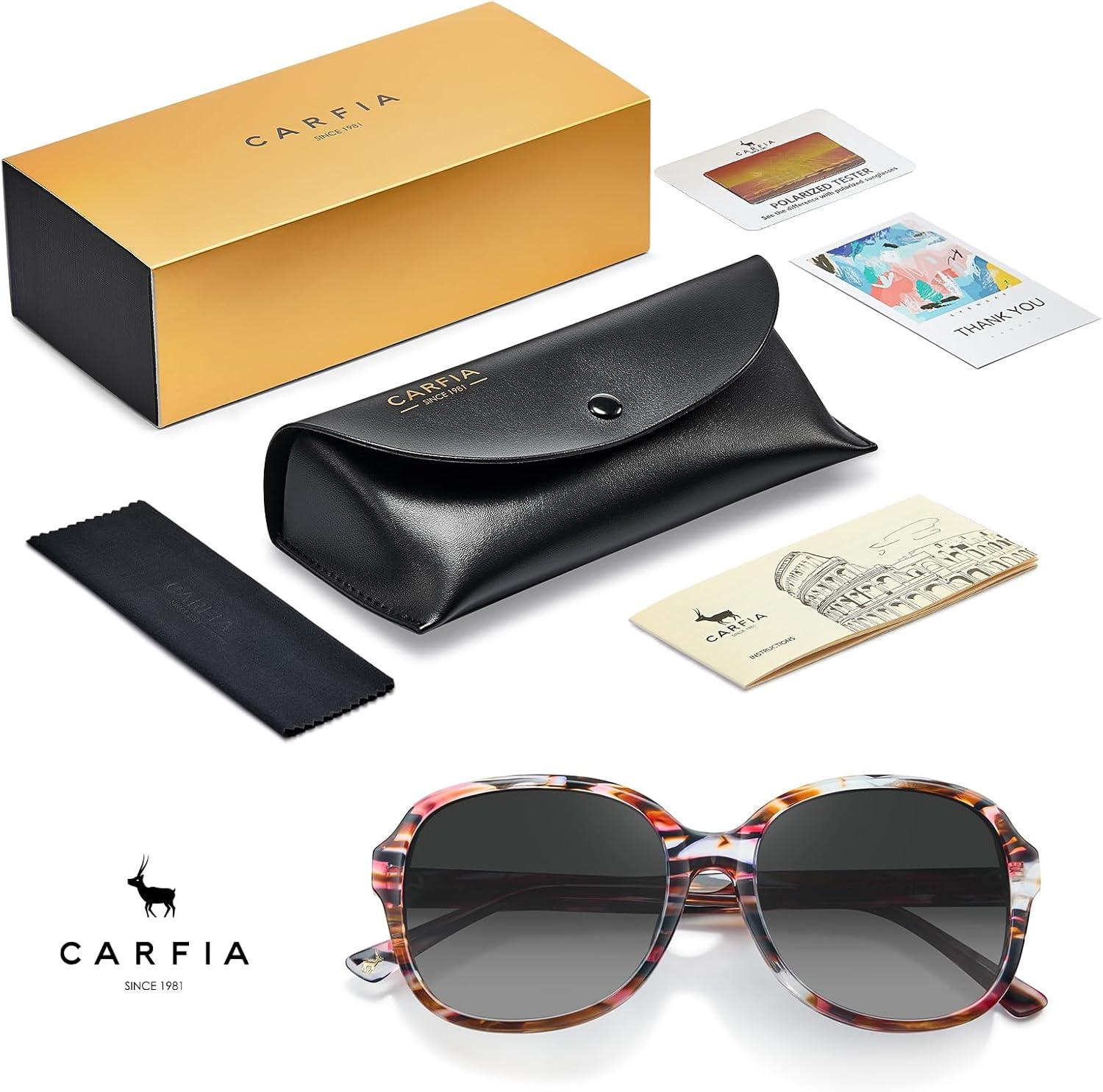 imageCARFIA Large Curved Acetate Polarized Sunglasses for Women UV Protection Retro Fashion Ladies Shades Driving Safety Eyewear7 Tortoise Frame Gradient Grey Lens