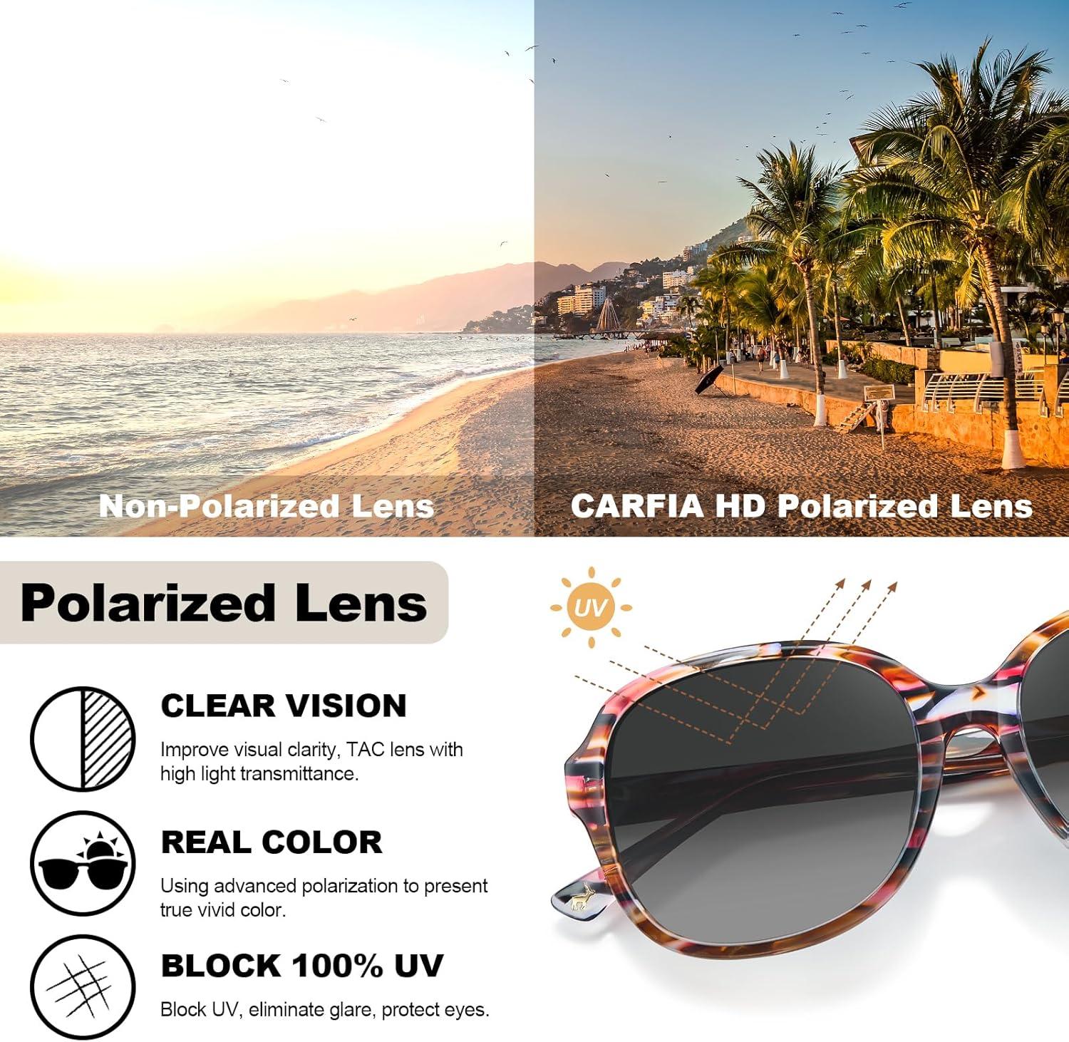 imageCARFIA Large Curved Acetate Polarized Sunglasses for Women UV Protection Retro Fashion Ladies Shades Driving Safety Eyewear7 Tortoise Frame Gradient Grey Lens