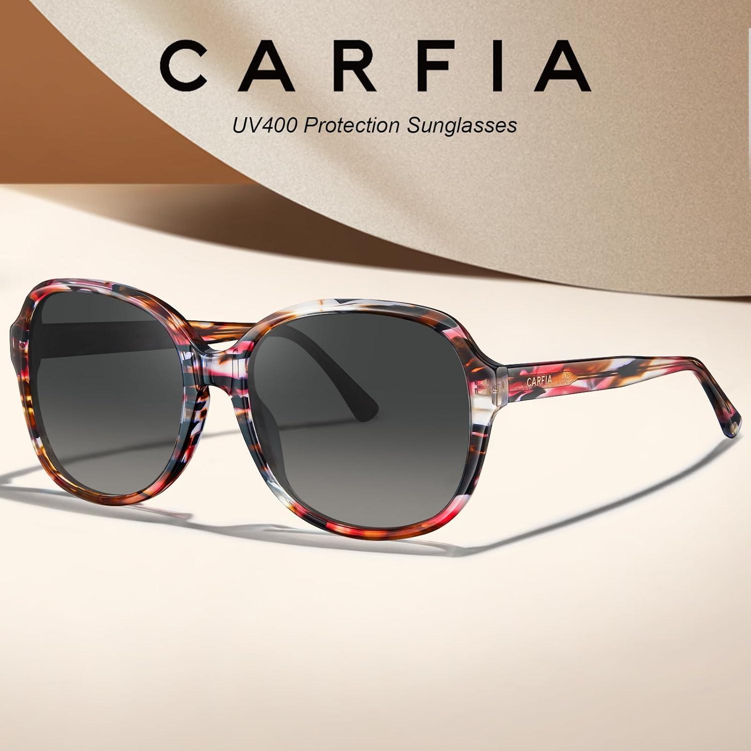 imageCARFIA Large Curved Acetate Polarized Sunglasses for Women UV Protection Retro Fashion Ladies Shades Driving Safety Eyewear7 Tortoise Frame Gradient Grey Lens