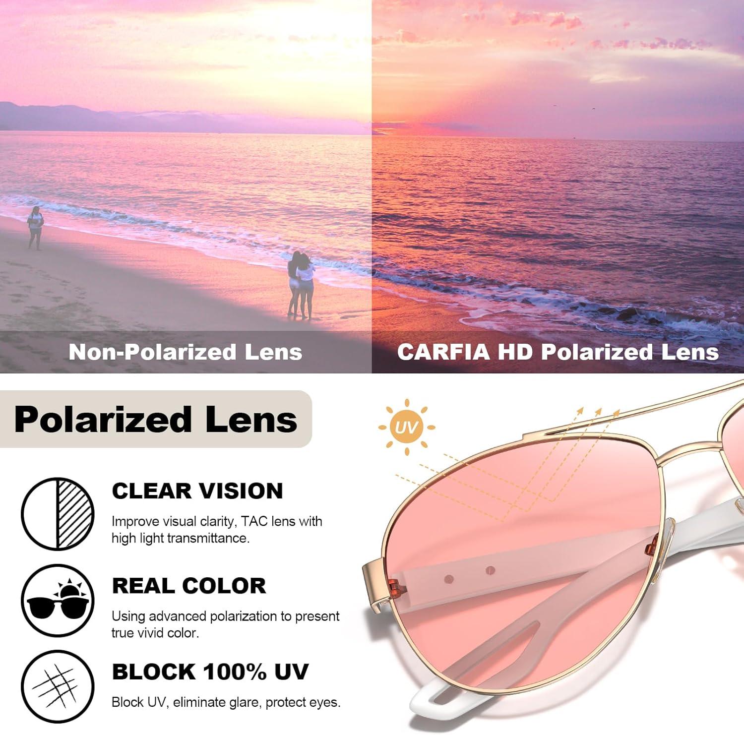 imageCARFIA Lightweight Retro Pilot Sunglasses for Women Polarized UV Protection Trendy Outdoor Driving Lady Sunnies Metal Frame3 Gold Frame Rose Colored Lens