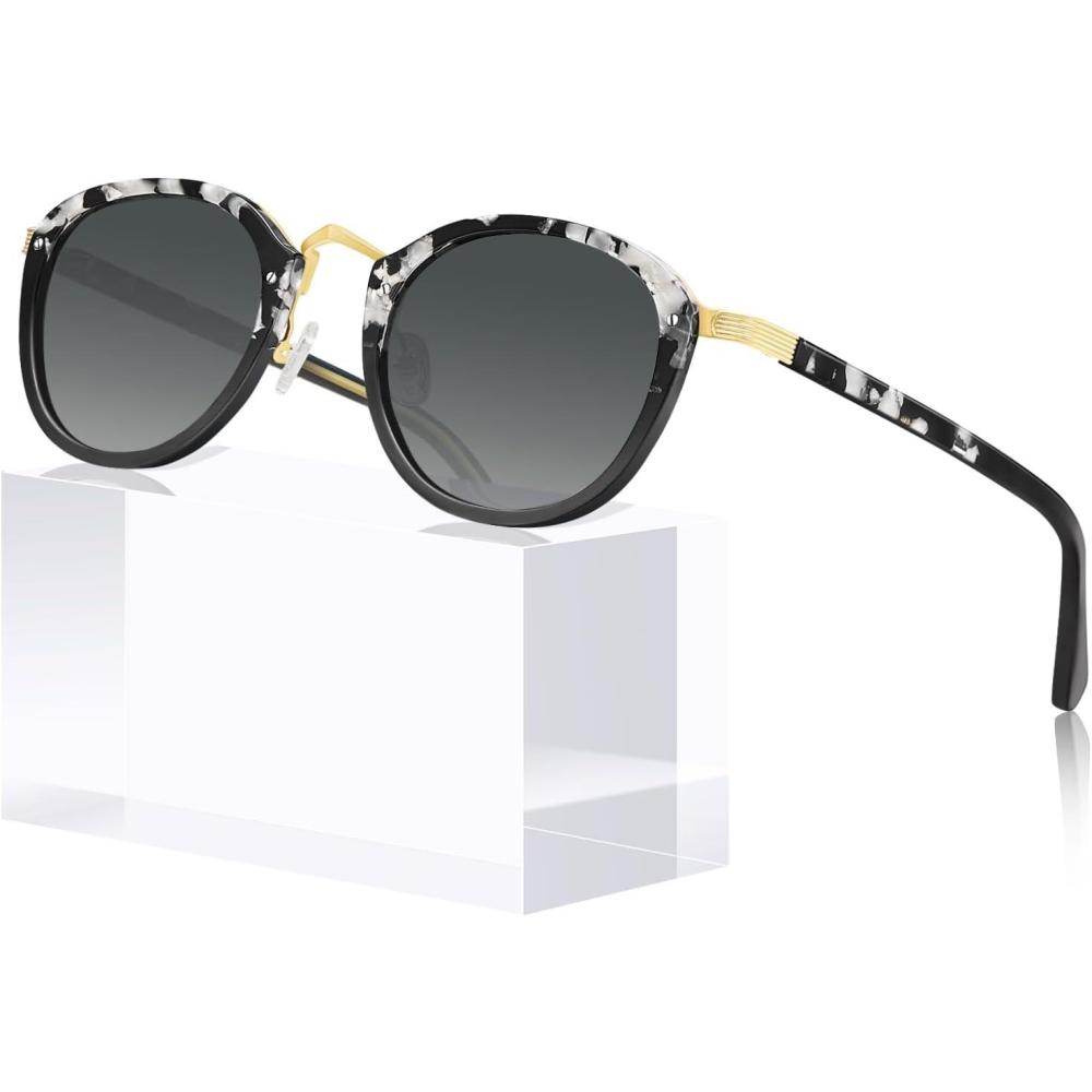 imageCARFIA Acetate Metal Bridge Sunglasses for Women Polarized UV Protection Retro Fashion Ladies Sunnies Round Shades Eyewears1 White Tortoise Frame Gradient Grey Lens