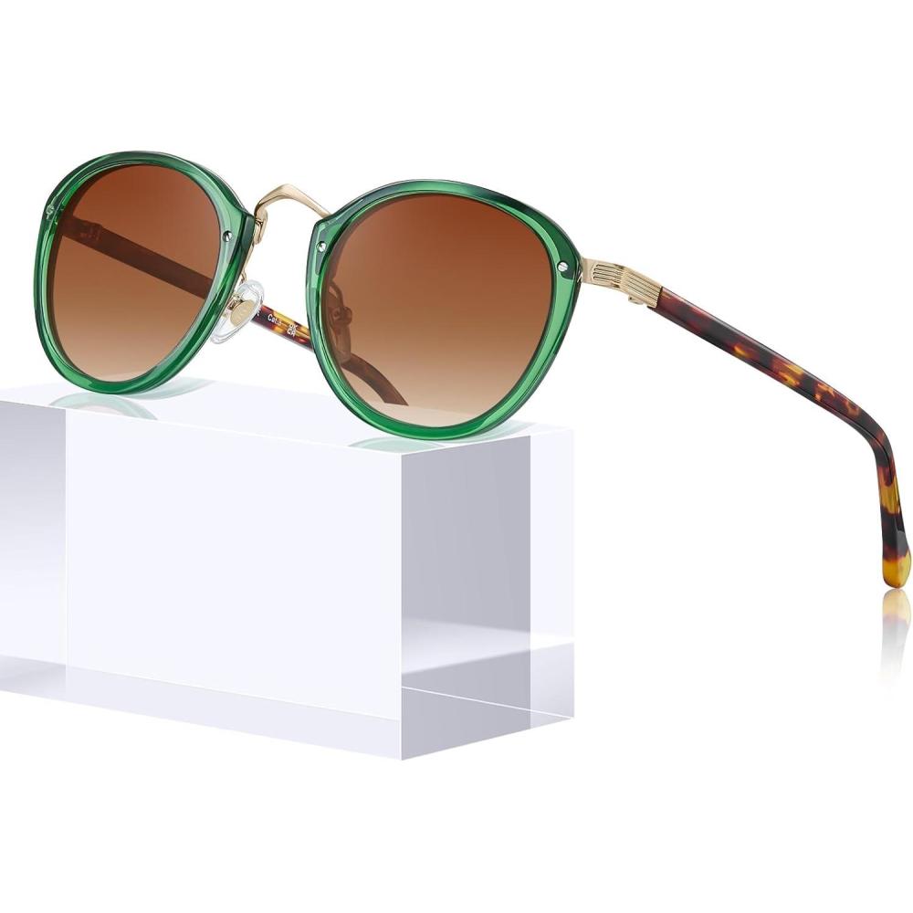 imageCARFIA Acetate Metal Bridge Sunglasses for Women Polarized UV Protection Retro Fashion Ladies Sunnies Round Shades Eyewears3 Translucent Green Frame Gradient Brown Lens