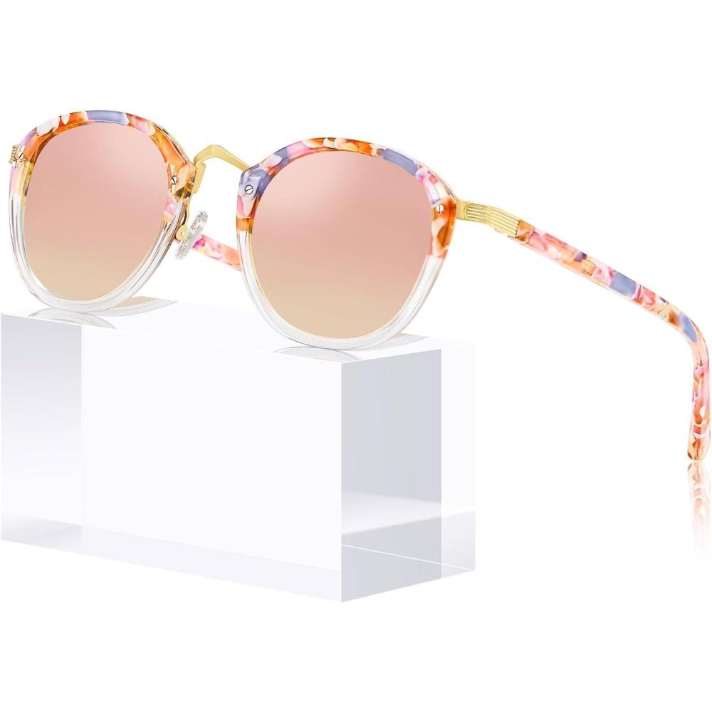 imageCARFIA Acetate Metal Bridge Sunglasses for Women Polarized UV Protection Retro Fashion Ladies Sunnies Round Shades Eyewears4 Pink White Tortoise Frame Pink Mirror