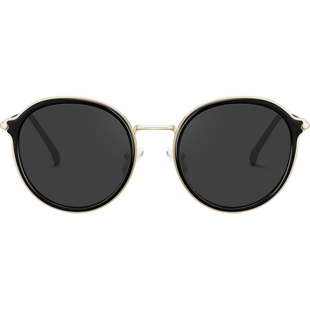 imageCARFIA Retro Acetate Polarized Sunglasses for Women UV Protection Fashion Metal Brow Ladies Shades Eyewears Round Sunnies1 Black Frame and Grey Lens