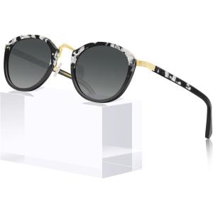 CARFIA Acetate Metal Bridge Sunglasses for Women Polarized UV Protection, Retro Fashion Ladies Sunnies Round Shades Eyewears(1. White Tortoise Frame Gradient Grey Lens)