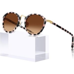CARFIA Acetate Metal Bridge Sunglasses for Women Polarized UV Protection, Retro Fashion Ladies Sunnies Round Shades Eyewears(2. Pink Black Checkers Frame Gradient Brown Lens)