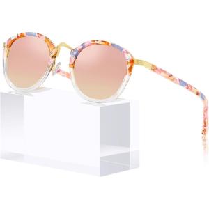 CARFIA Acetate Metal Bridge Sunglasses for Women Polarized UV Protection, Retro Fashion Ladies Sunnies Round Shades Eyewears(4. Pink White Tortoise Frame Pink Mirror)