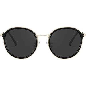 CARFIA Retro Acetate Polarized Sunglasses for Women UV Protection, Fashion Metal Brow Ladies Shades Eyewears Round Sunnies(1. Black Frame and Grey Lens)